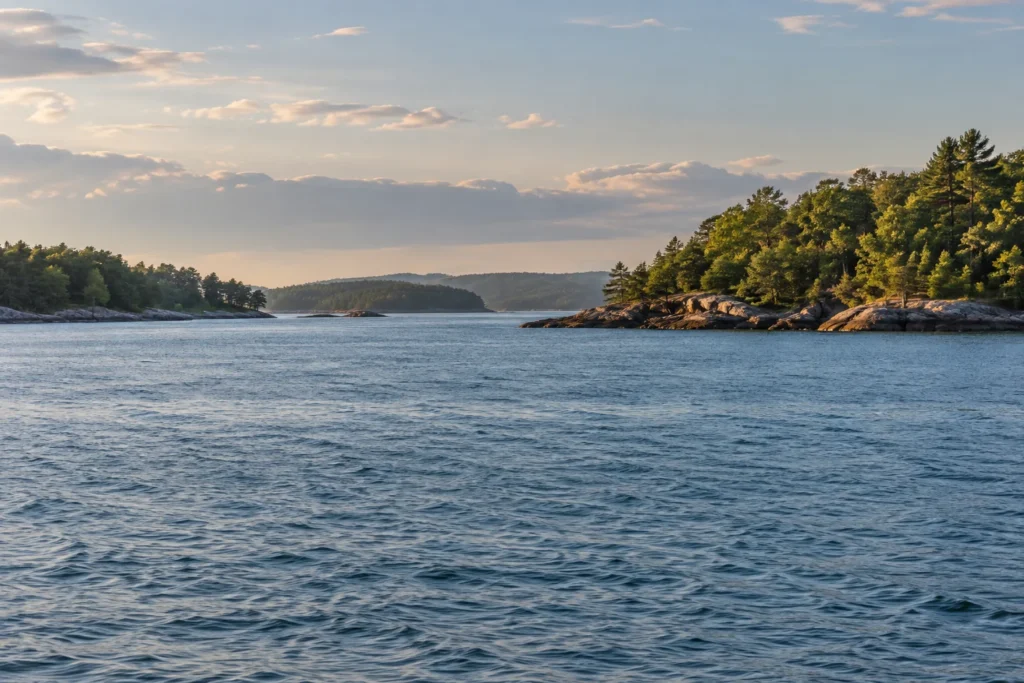 Calm Northeast coastal inlet with wooded shoreline in late afternoon light