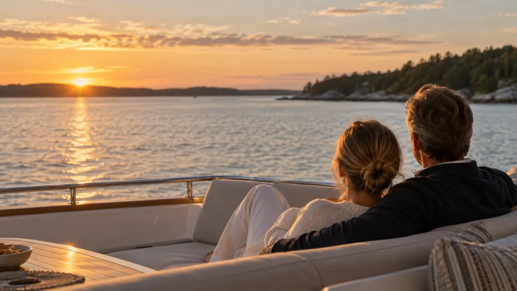 Two people viewed from behind enjoying a coastal sunset from yacht deck seating; illustrative image